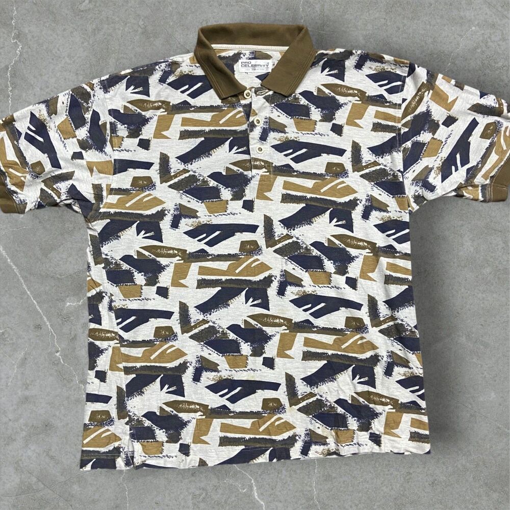 Pro Celebrity Vintage 90s Abstract White Navy Brown Polo Shirt Men's Size XL